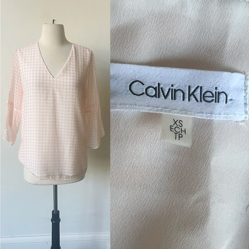 Calvin Klein Pink and White Gingham Bell Sleeve Blouse Size XS